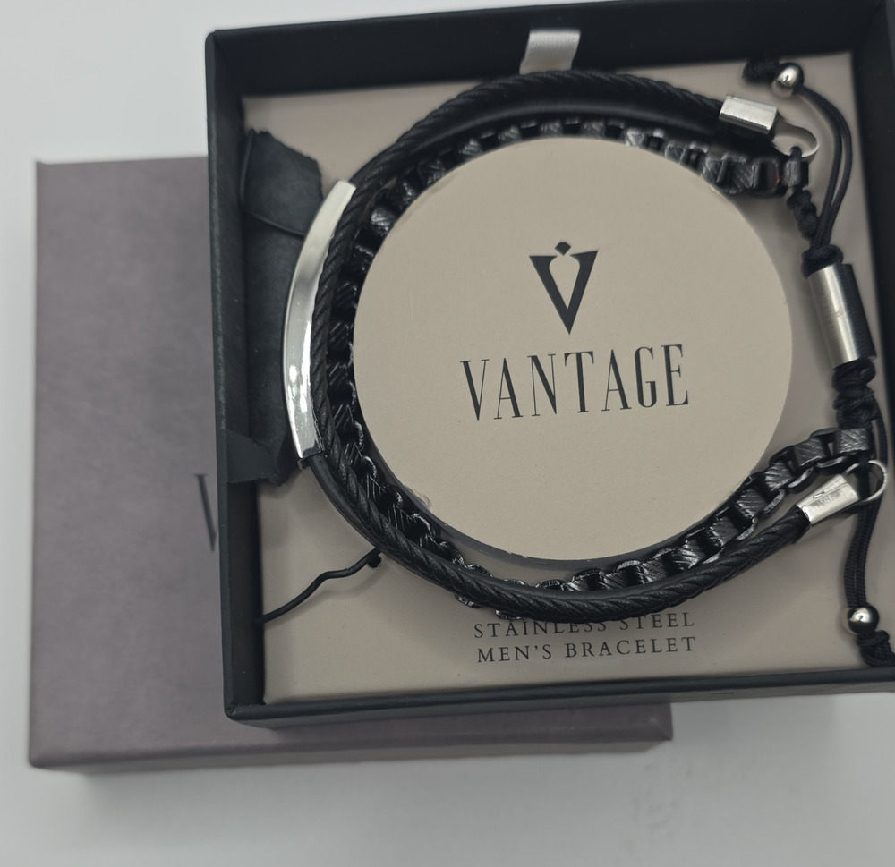 Vantage Stainless Steel & Leather Braided Black Bracelet for Men, Adjustable